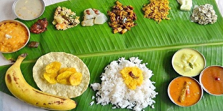 A traditional Hindu meal, served a bannana leaf.